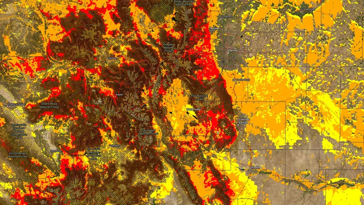 The Colorado Wildland Urban Interface interactive map, the state of Colorado colored with yellow, orange and red marking areas that are likely to be affected by wildfires