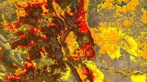 The Colorado Wildland Urban Interface interactive map, the state of Colorado colored with yellow, orange and red marking areas that are likely to be affected by wildfires