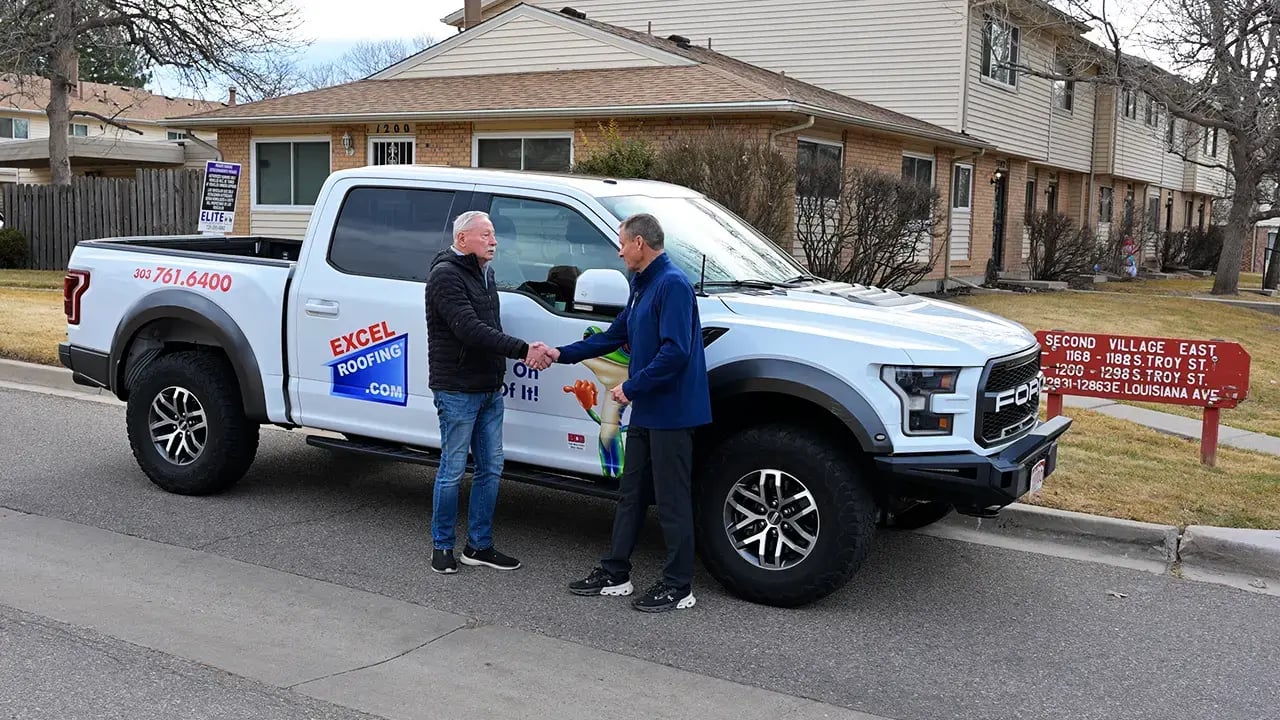 Community Manager Ron of second village east and J Bretz shaking hands in front of an Excel Roofing truck