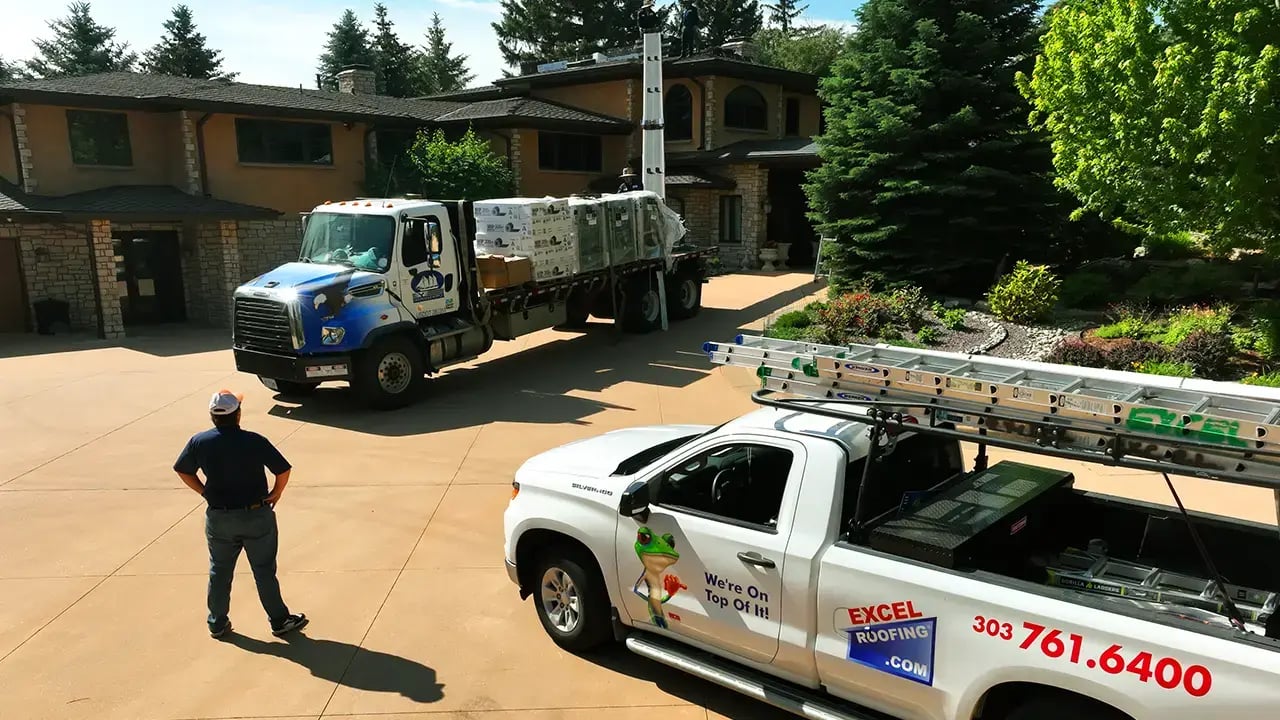 Excel Roofing Project Manager Alex Condon observing Brava synthetic shake being loaded onto a roof in Cherry Hill CO