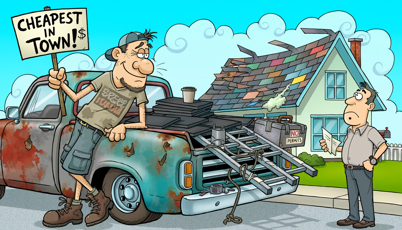 Firefly_A colorful cartoon illustration of a “Chuck in a Truck” roofer. He is a scruffy, slig 508036 (1)