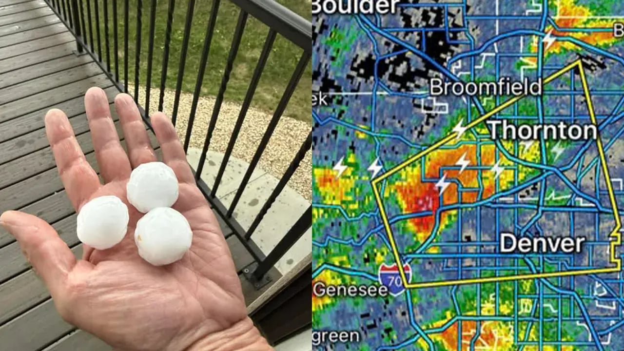 Golf ball sized hail in the hand of a wheat ridge homeowner next to a weather map