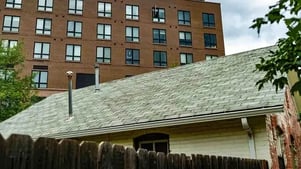 Gray asphalt shingle roof in 5 points denver neighborhood that has been damaged by recent hailstorm