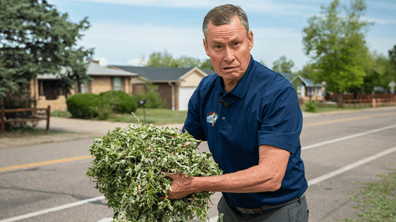 J Bretz In Aurora holding a bunch of downed leaves from the recent hailstorm