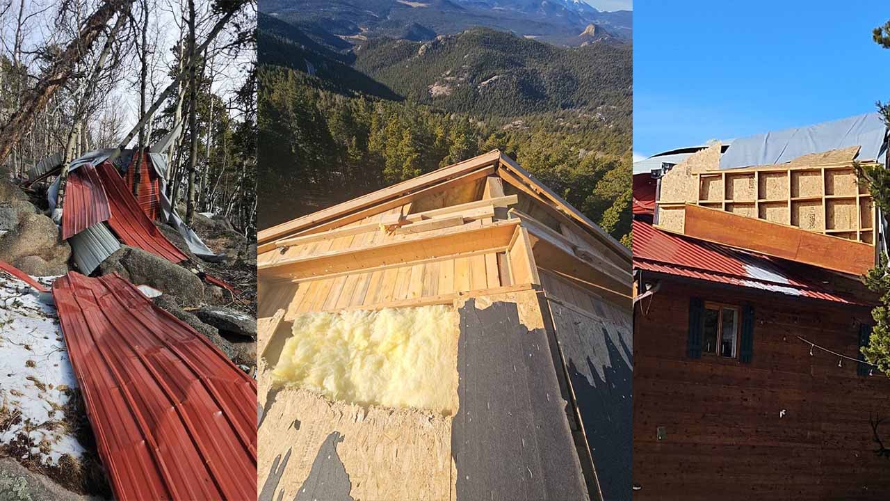 Red Roof torn off from 100mph winds with pieces fragmented into the nearby forest
