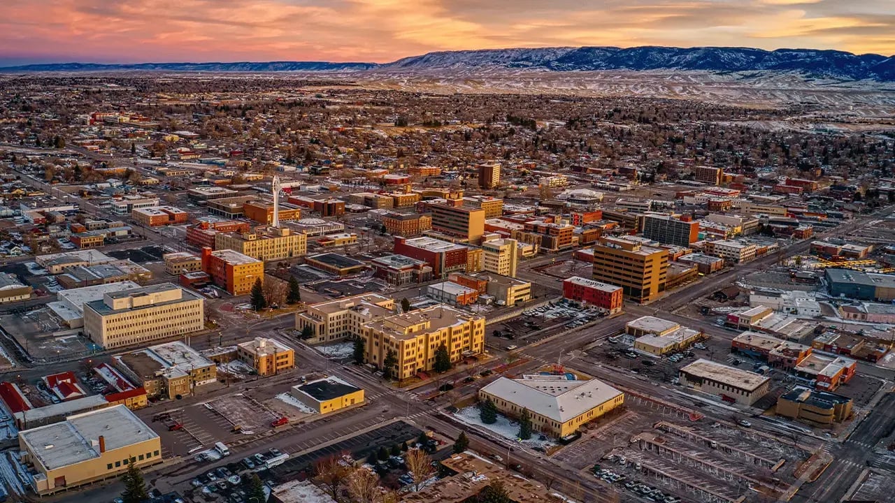 Casper Wyoming from the air, in the early winter at sunset
