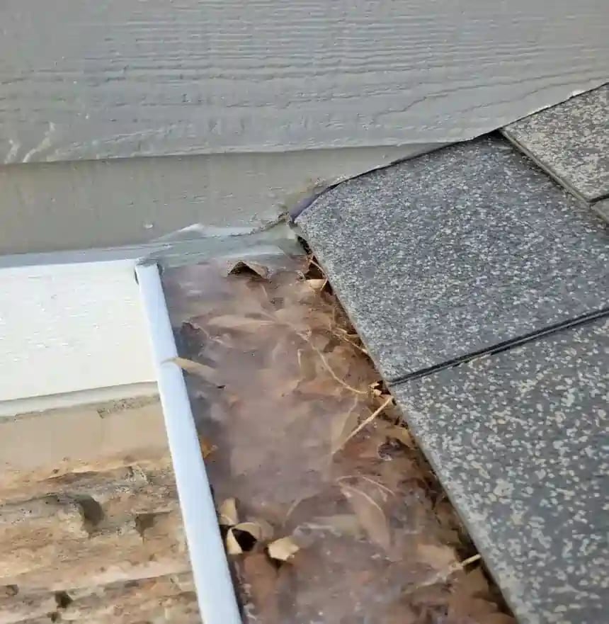 a rain gutter that is completely clogged with fall leaves