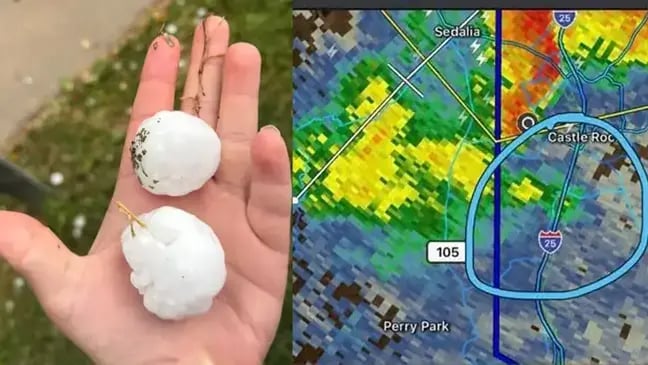 golf ball sized hail in a hand next to a weather radar map of douglas county which was hit by hail the afternoon of june 8th