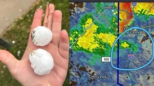 golf ball sized hail in a hand next to a weather radar map of douglas county which was hit by hail the afternoon of june 8th
