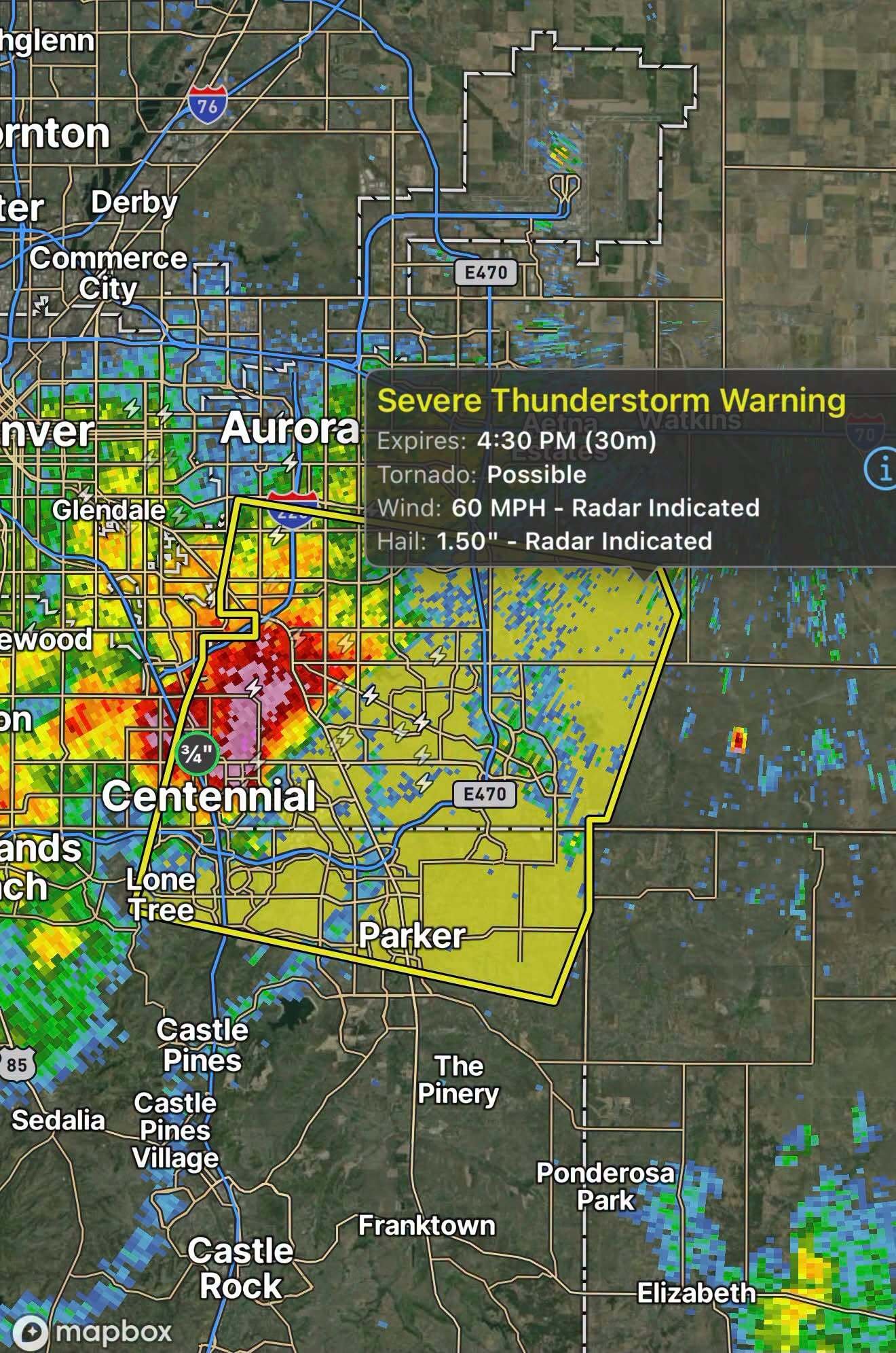 weather radar of centennial aurora and parker as an intense thunder storm rolls through on 8/13/2026