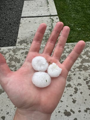 golf ball sized hail near aurora colorado, a hand holding 3 large pieces of solid hail
