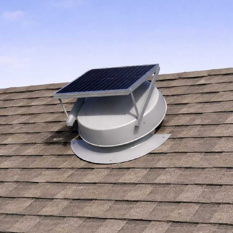 Solar powered attic fan installed on asphalt shingle roof