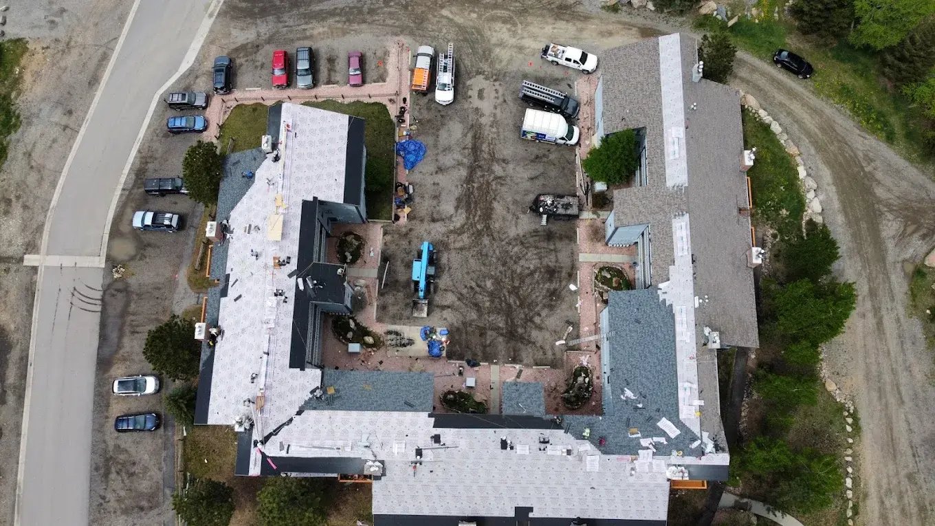 Drone view of HOA multi building roof reroof project in Summit County Colorado