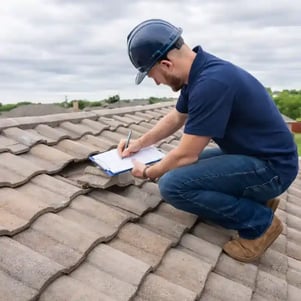 Excel Roofing project manager in a dark blue polo and dark blue hard hat, inspecting a concrete tile roof 