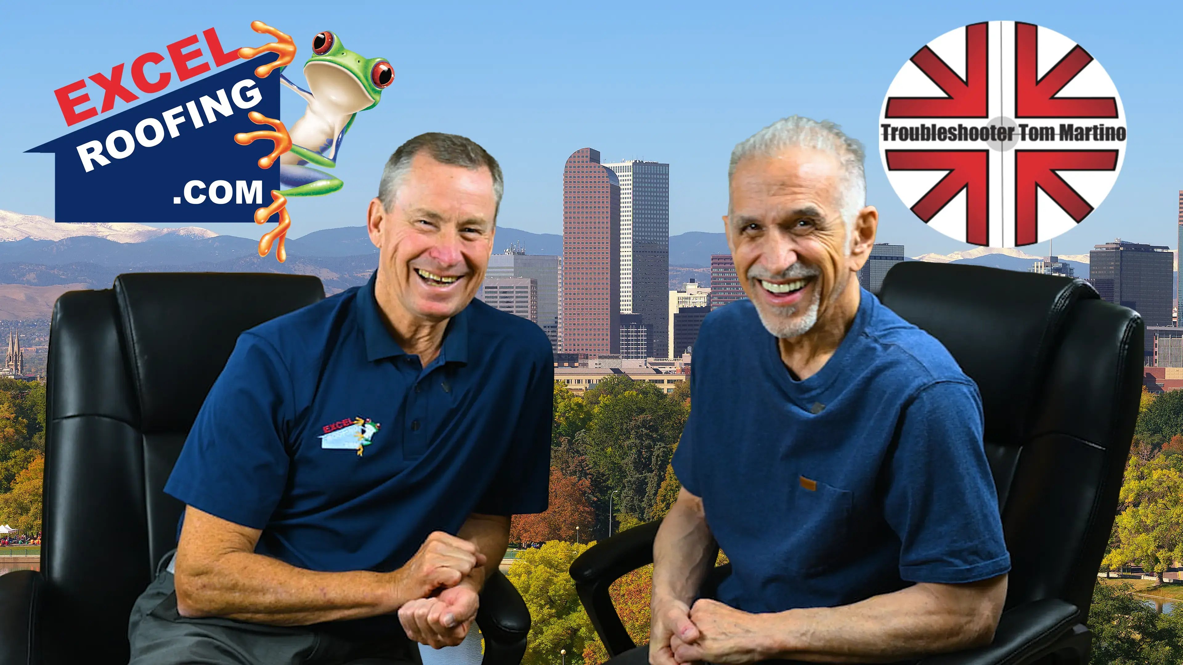 Tom Martino sitting down with J Bretz in front of the denver skyline